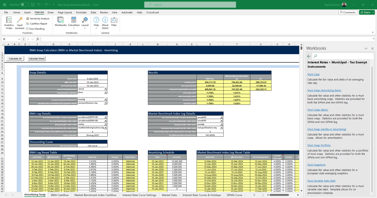 Shown above: Swap pricing product workbook with pricing, risk and projected cashflow analytics 